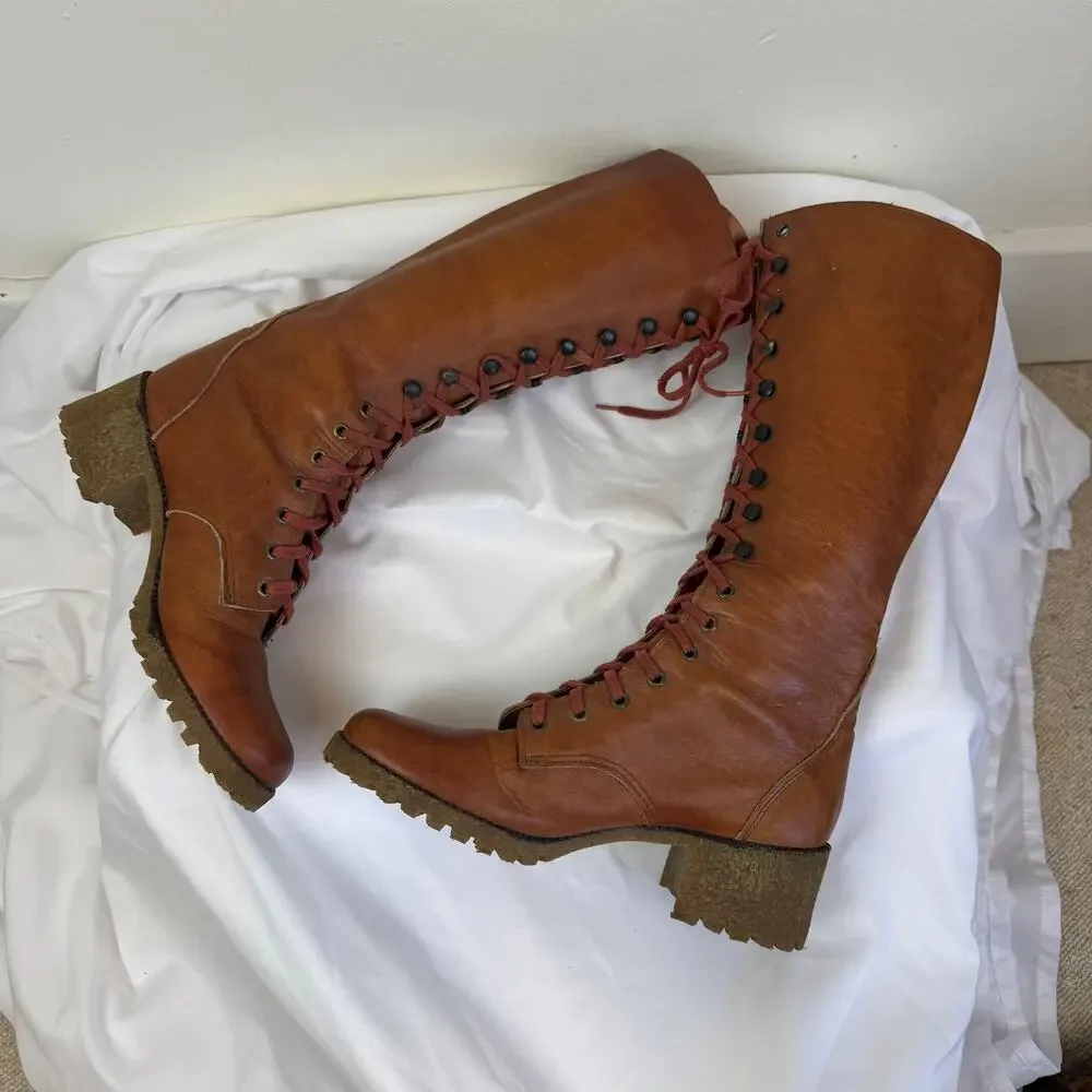 Vtg FRYE 60s 70s Women's 10 B Boots Brown Leather Lace Up Campus Stacked Heel - Picture 8 of 16